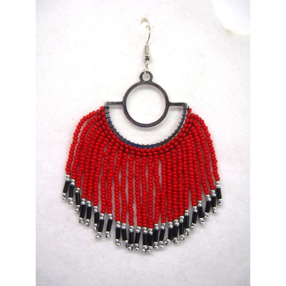 Earrings Beaded Red, Black & Silver - Picture 2 of 3